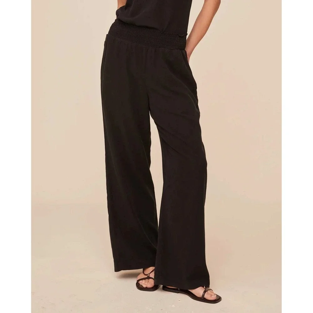 Bella Dahl Smocked Waist Wide Leg Pant Size S Vintage Black Tencel Relaxed Boho
